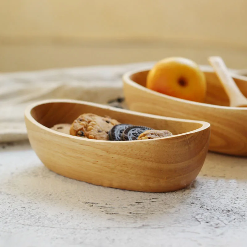 Japanese boat shaped wooden bowl Kitchen Household Natural oak Wood Fruit Salad Dessert plate