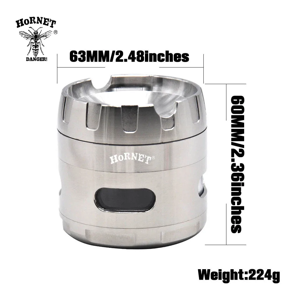 Курительная шлифовальная машина из цинкового сплава HORNET с большим окном 63 мм 4 шт.