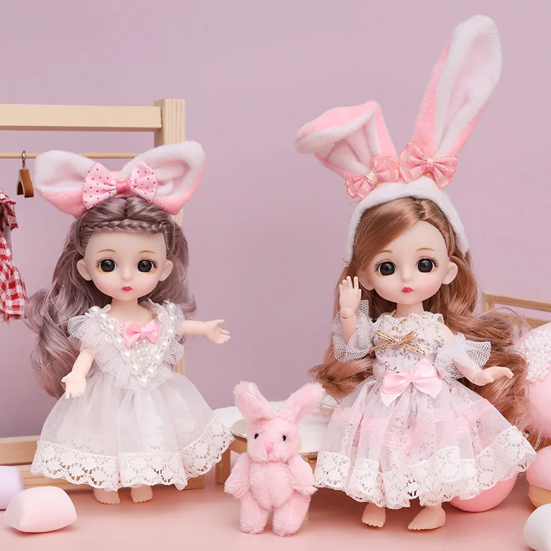

2PC DIY 16 cm BJD Mini Dolls 13 Movable Joint Girl Baby 3D Big Eyes Beautiful Toy Dolls With Clothes Dress Up 1/12 Fashion Dolls