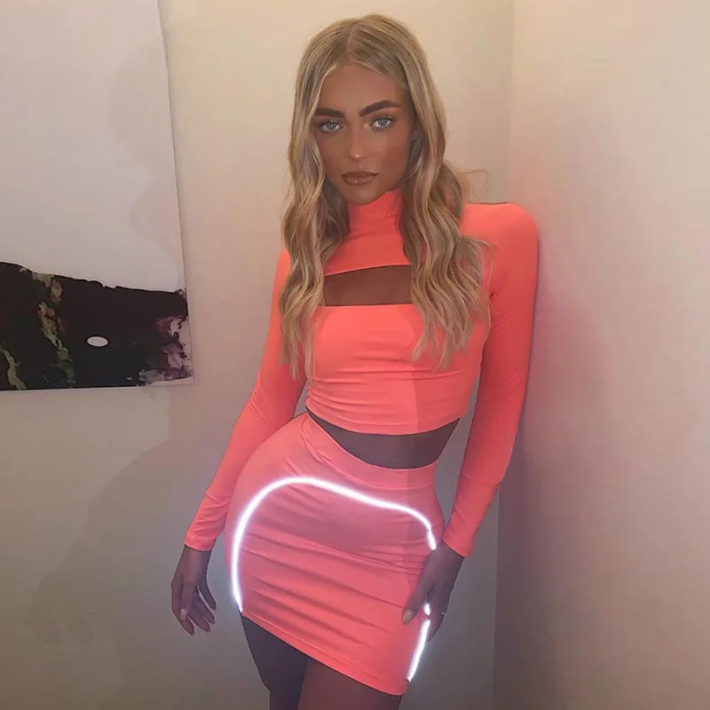 

weirdgirl women reflective striped 2 pieces sets full sleeve hollow out t-shirts high waist elastic skirt tracksuit autumn new