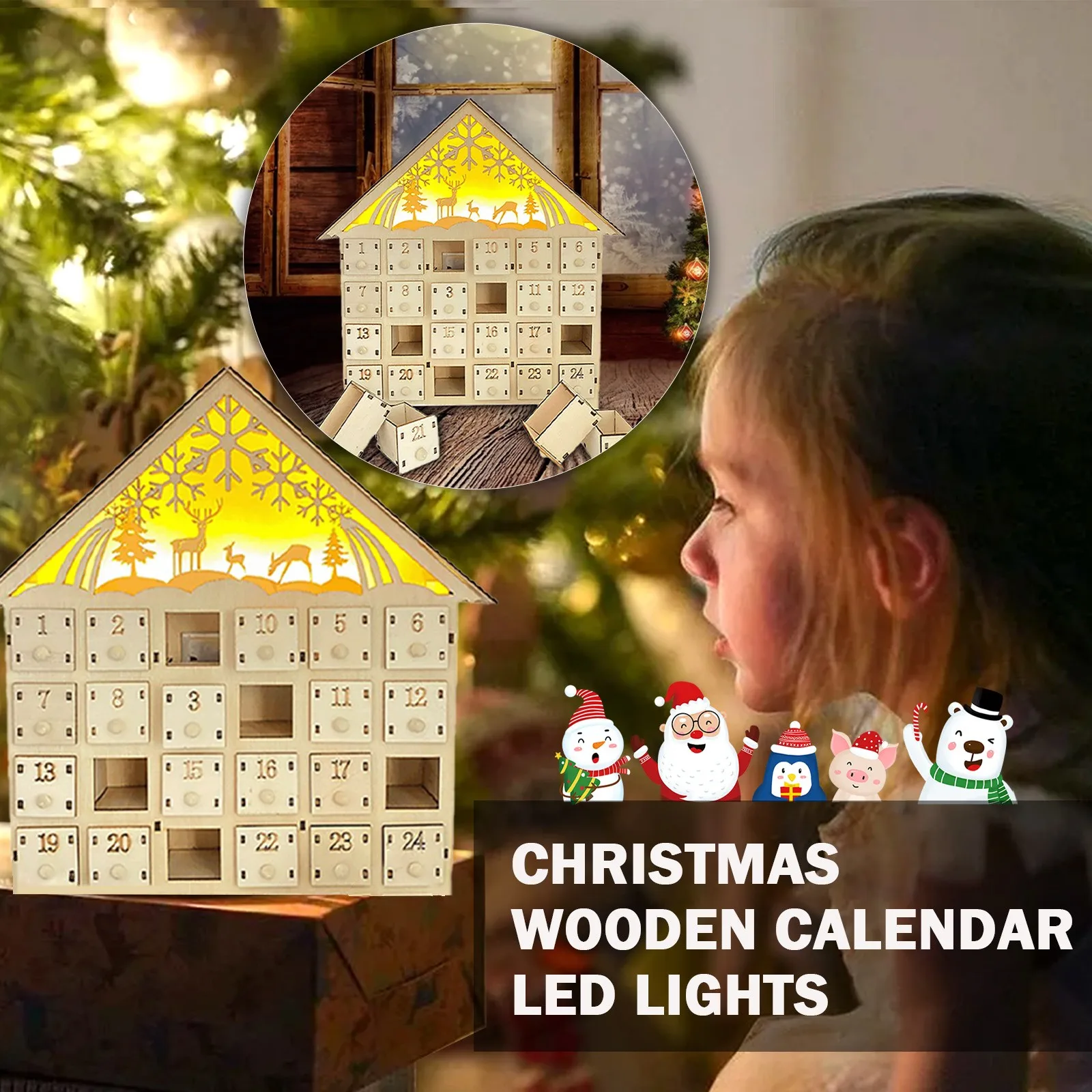Wooden Elk Snowflake Christmas Countdown Calendar Led Lighted Wood House Xmas Party Decor Advent 24 Storage New |
