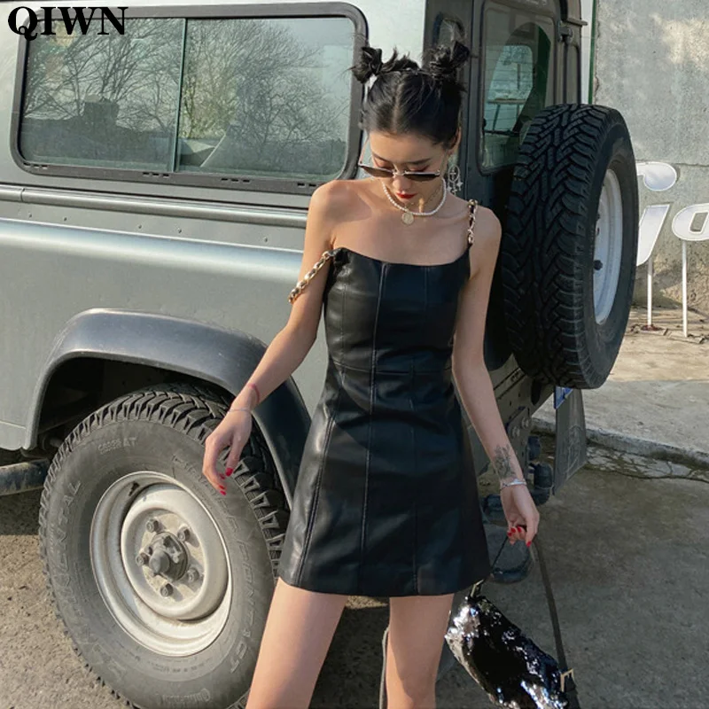 

One Piece Sexy PU Leather Dress Women 2020 Autumn New Hollow Out Gothic Punk Dresses Female Sling A-Line Black Party Dress Chic