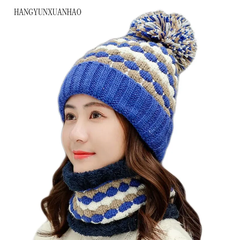 

HANGYUNXUANHAO New Winter Women's Velvet Wool Hats Twist color matching Beanies Skullies Hat Female Riding Bib Knitted Hats Sets