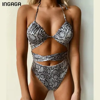 

INGAGA Snake Swimsuits Cut Out Swimwear Women High Cut Bathing Suit String Halter One-piece Suits 2020 New Backless Monokini