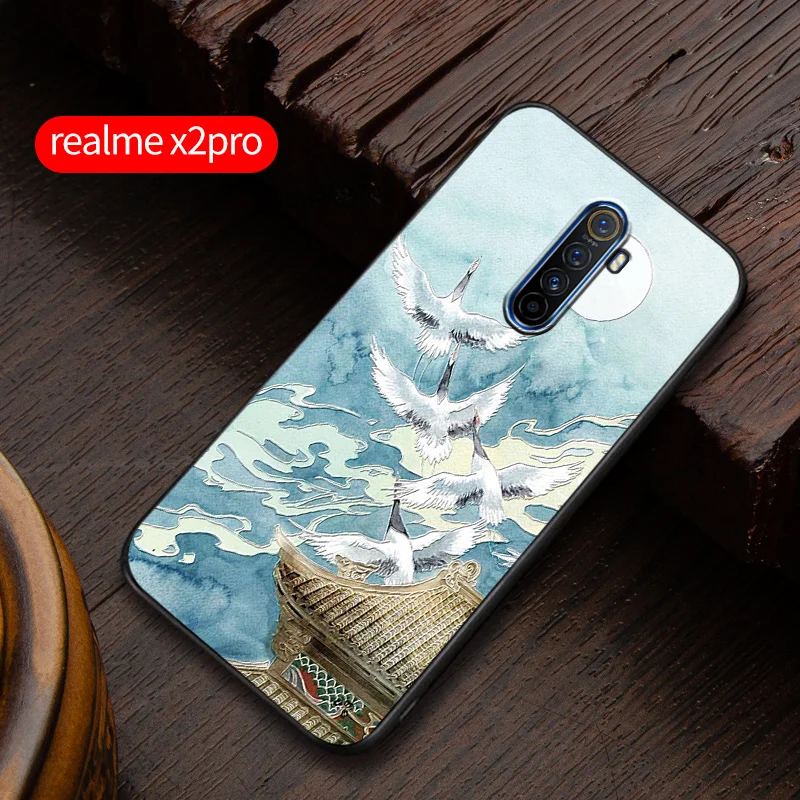realmeX2 Embossed vintage East Asian Chinese Japanese style case For realme X2 X2 PRO Snow Mountain Decree Crane cover