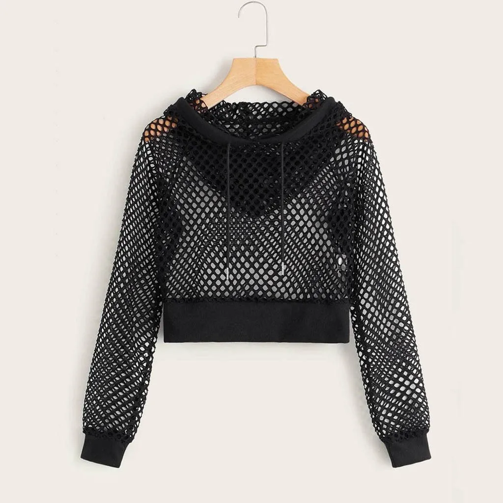 40* Women Cut Out Mesh Insert Cropped Hoodie Sweatshirt Punk Style Long Sleeve Crop Top Solid Leisure Streetwear Sweatshirts