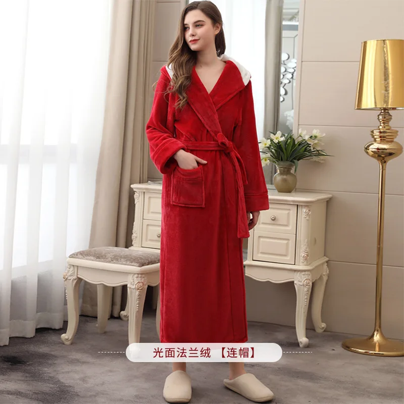 Women Night Robe Nightwear Sleepwear Dress Autumn And Winter Flannel Robe Hooded Bathrobe Thick Pajamas Plus-sized - Color: Red Women s