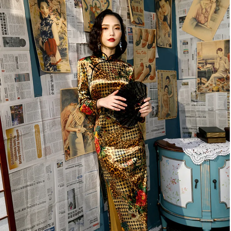 Sheng Coco Gold золото бархат Cheongsam Плюс размер платья длинный рукав вечернее Ципао