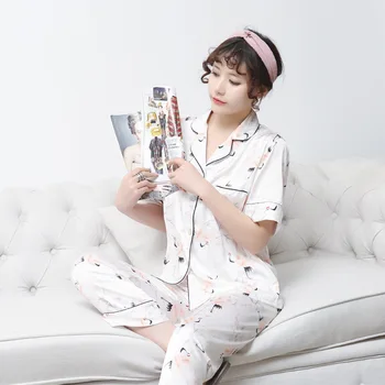 

Retro Print Crane White Lady 2PCS Pajamas Set Bride Wedding Rayon Pyjamas Sleepwear Sleep Suit Summer New Lounge Home Wear
