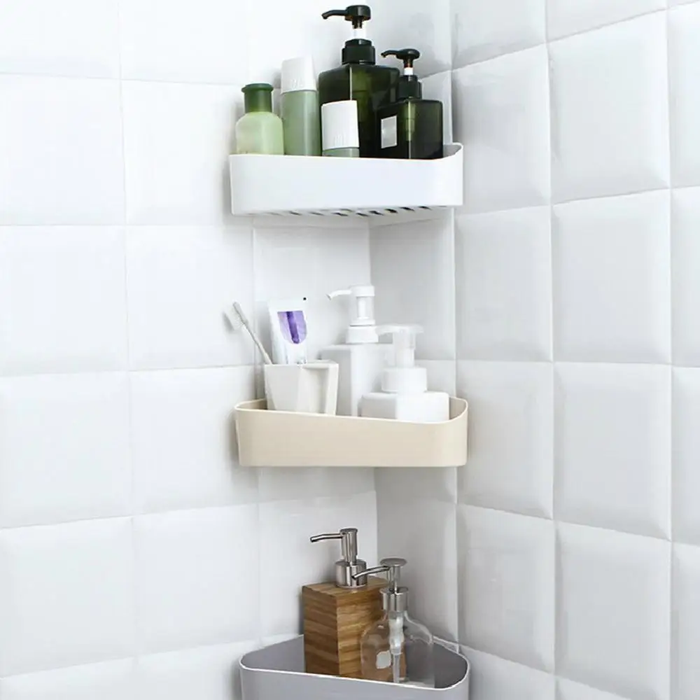 

Bathroom Triangle Wall Corner Storage Holder Racks Traceless Adhesive Shelf Wall Mount No Drilling Storage Box Shelves