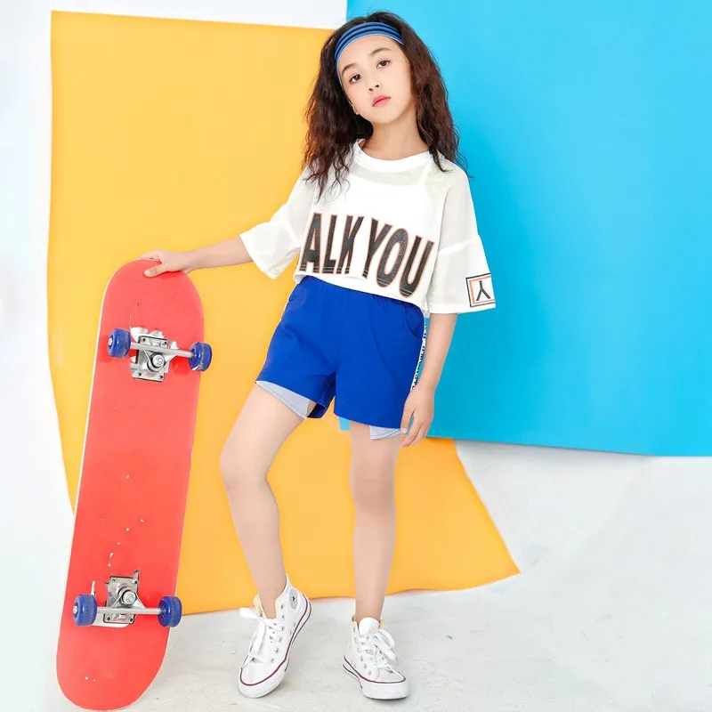 Children White Jazz Dance Costumes Girls Letter Crop Top Blue Shorts Dance Sets Hip Hop Modern Party Stage Outfits (1)