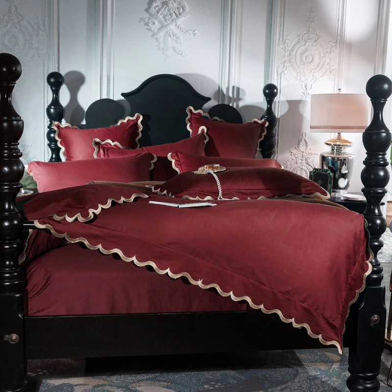 100%Cotton Lace Bedding Set King size Queen bed/Fitted sheet Duvet cover Bedding sets Red Blue Pink