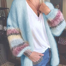 

Casual Striped Mohair Warm Knitted Female Sigle Breasted Long Sleeve V-Neck Thick Coat S-XL Winter Autumn Women Sweater Cardigan