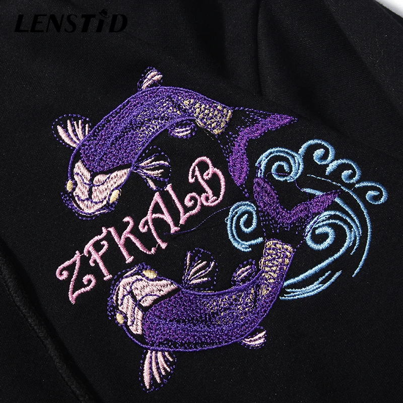 LENSTID осень японский Harajuku Koi Fish вышивка хлопковые пуловеры худи мужские хип-хоп Уличная мода толстовки
