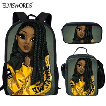 

ELVISWORDS 2020 Back to School Backpack Kids Lovely Schoolbag Set Black African Girls Print Book Bag Cartoon Rucksack mochila