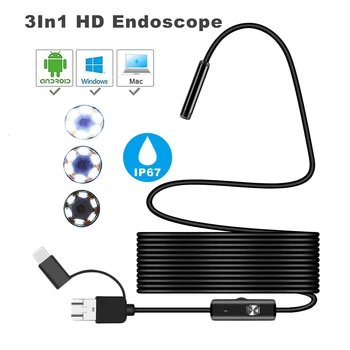

7mm Endoscope Camera 1M Hard Cable Flexible Waterproof Micro USB Type C Inspection Borescope Camera Adjustable 6LED for Phone PC