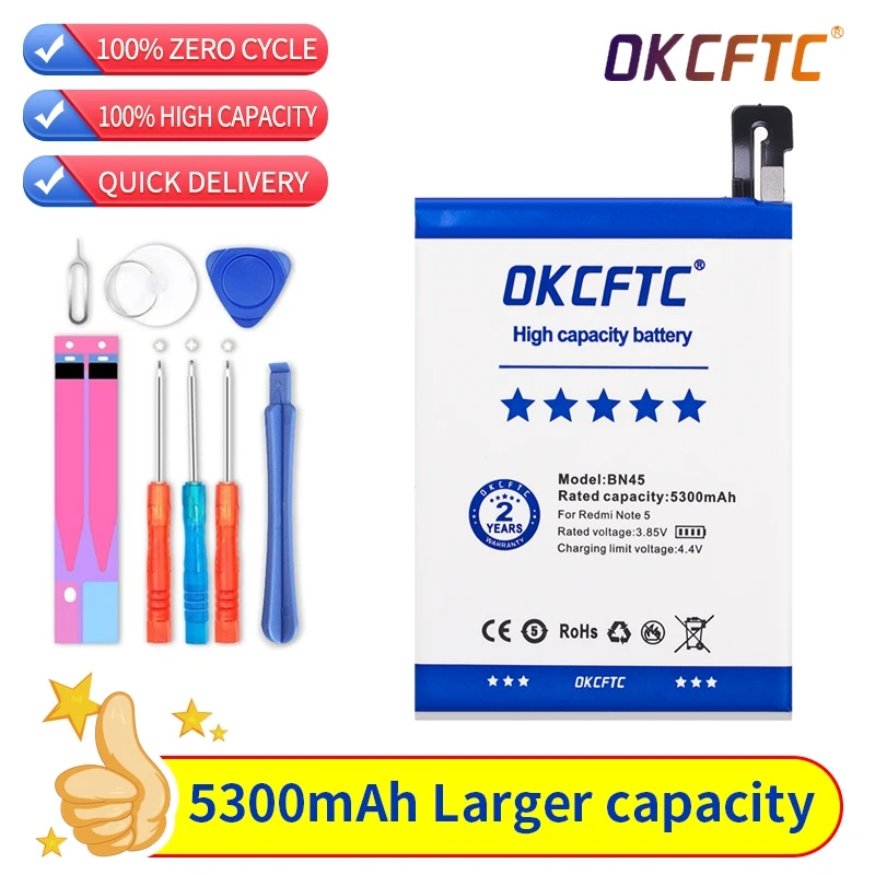 

Оригинальный аккумулятор OKCFTC BN45 5300 мАч для Xiaomi Redmi Note 5 Note5 BN45, сменные батареи для телефона + Инструменты