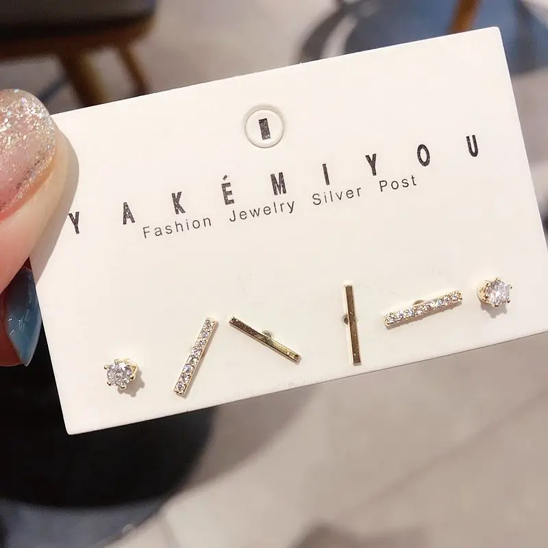 

Korean Style Small Geometric Stick Stud Earrings Set Gold Color Mini Cubic Zirconia Stone Earrings for Women