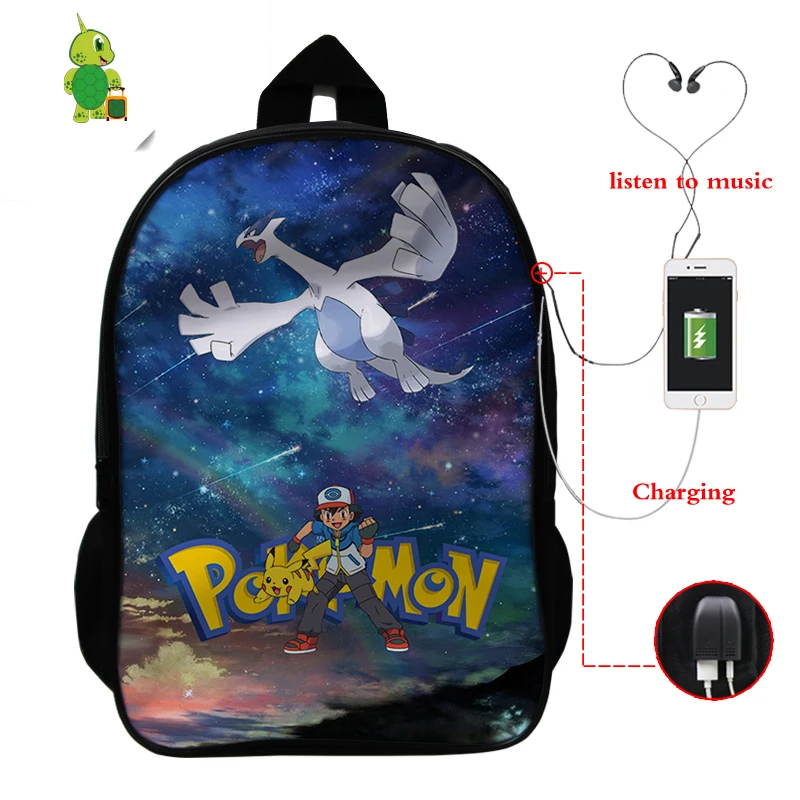 13 Рюкзак для ноутбука Pokemon Pikachu Gengar Eevee с зарядкой через USB, школьные сумки для мальчиков и девочек-подростков, рюкзак с рисунком, дорожные сумки на плечо - Цвет: 13
