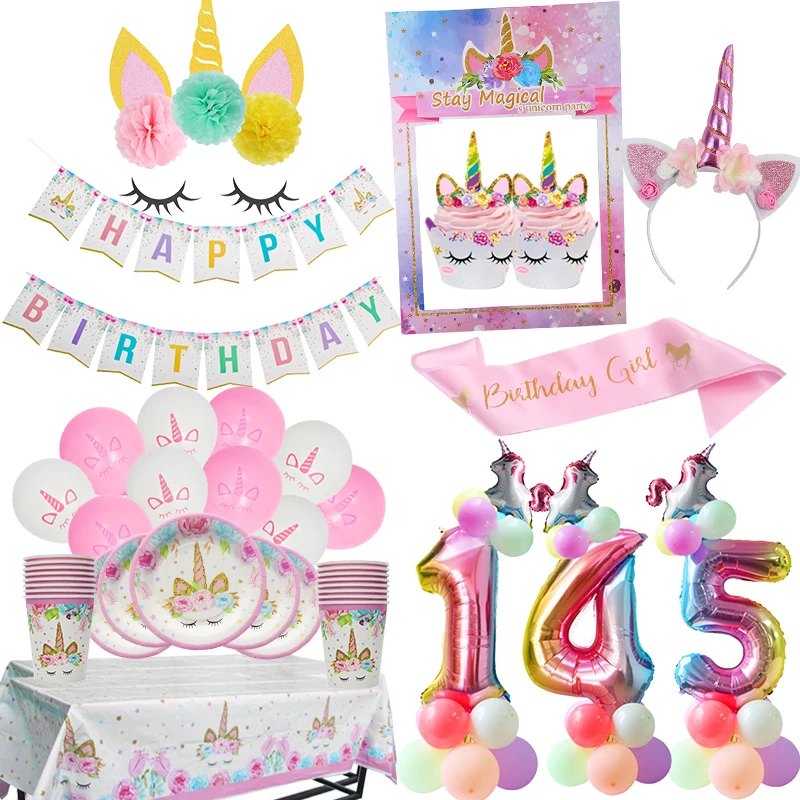 

WEIGAO Unicorn Party Supplies Paper Plate Cup Pink Latex Balloons Photo Frame Props Kids Birthday Party Decorations Baby Shower
