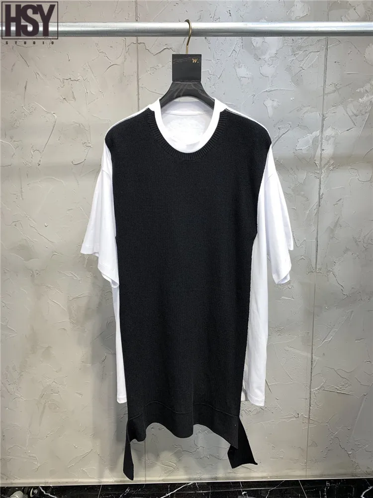 

【HSY】2019 New Personality Simplicity Neutral British Style Women Top Easy Match Baggy Black White Patch Kint Baggy Long T-shirt