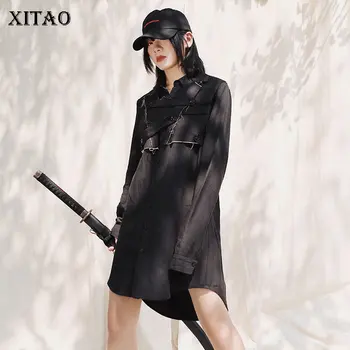 

XITAO Black Women Shirt 2020 Spring Elegant Single Breast Turn Down Collar Long Irregular Goddess Fan Casual Blouse XJ3807