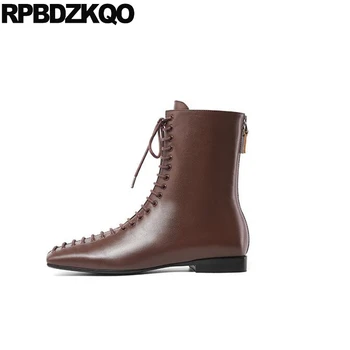 

high quality fall brown black square toe genuine leather front lace up casual ankle boots autumn short women 2019 shoes booties