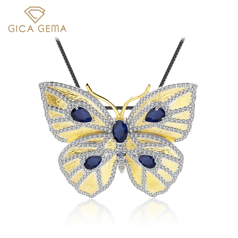 GICA GEMA 925 стерлингового серебра брошь натуральность синий сапфир драгоценный камень 31 54*40 мм бабочка ручной