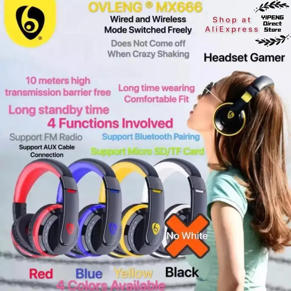 MX666 Over Ear Bass Stereo Bluetooth Headphone Wireless Headset Support Micro SD TF Card Radio Microphone Gaming Earphone | Электроника
