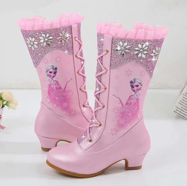 

Autumn Winter New High Boots Girls Princess High-heeled Children Sequins Snow Boots Kids Cartoon Snow Queen Boots