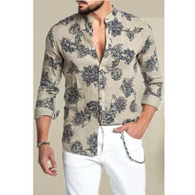 Primavera e verão roupas de algodão poliéster camisa masculina mangas compridas impressão havaiano praia casual único breasted gola camisa