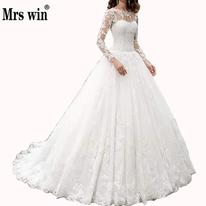 Mrs Win Vestido De Noiva, бальное платье с длинным рукавом, классическим круглым вырезом и шлейфом на шнуровке, роскошные кружевные свадебные платья принцессы размера плюс