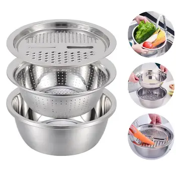 

3pcs Stainless Steel Multifunction Grater Strainer Sieve Basin Washing Bowl Set Vegetable Cutter Kitchen Tools