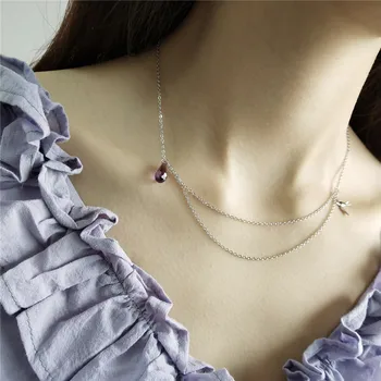 

POFUNUO Real 925 Sterling Silver European And American Purple Zircon Chokers For Women Cold Wind Double Layered Niche Necklace