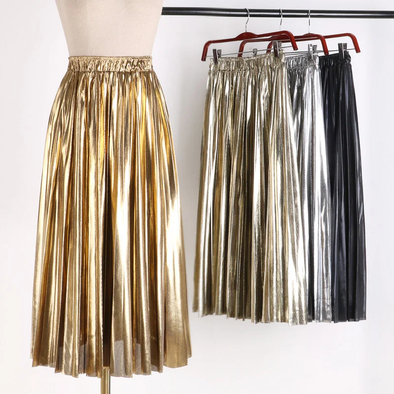 

Spring Women Pleated Skirt High Waist Long Section A-Line Reflective Fabric Middle Skirt Ladies Skirt Swing Pleated Skirt