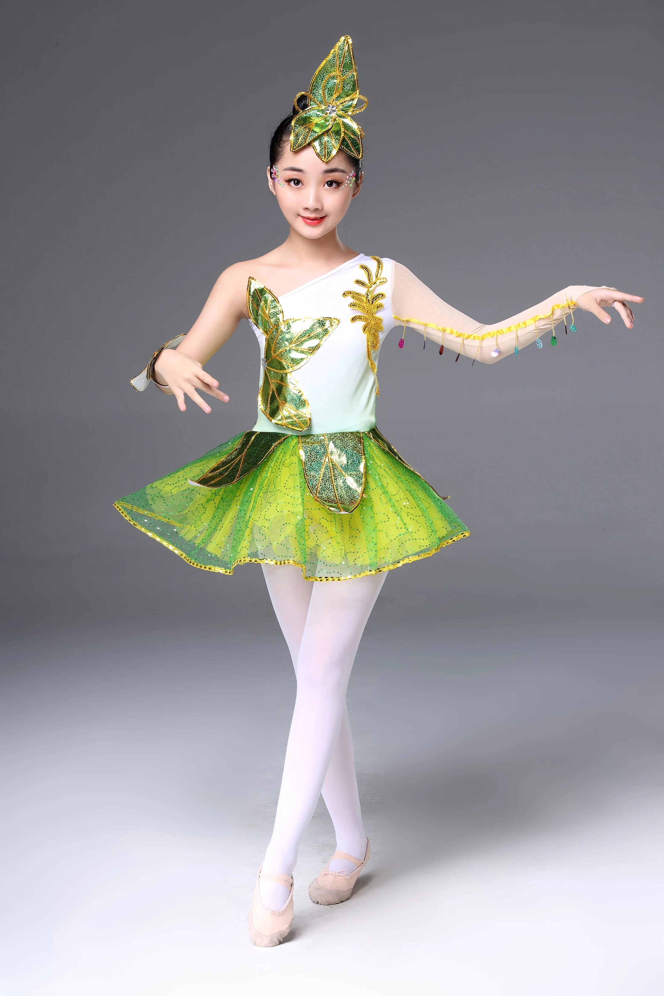 New children's chorus spring dawn grass dress jasmine dance dress green leaf princess skirt children shaggy gauze skirt