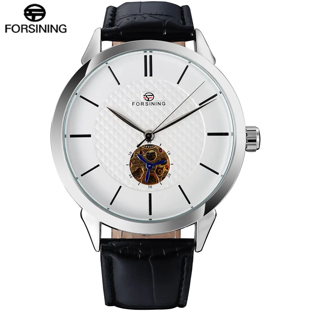 2017 FORSINING popular brand simple automatic self wind watch skeleton white dial transparent back case genuine leather band | Наручные