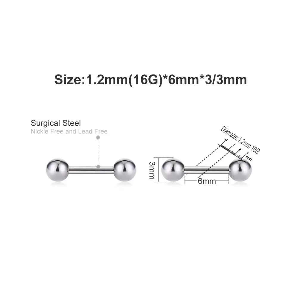 2 шт круглый шарик штанги нос винт ноздри шпильки хирургический стальной Нос Кости Кольцо уха хряща серьги ювелирные изделия для пирсинга тела - Окраска металла: 1.2mm 6mm 3mm