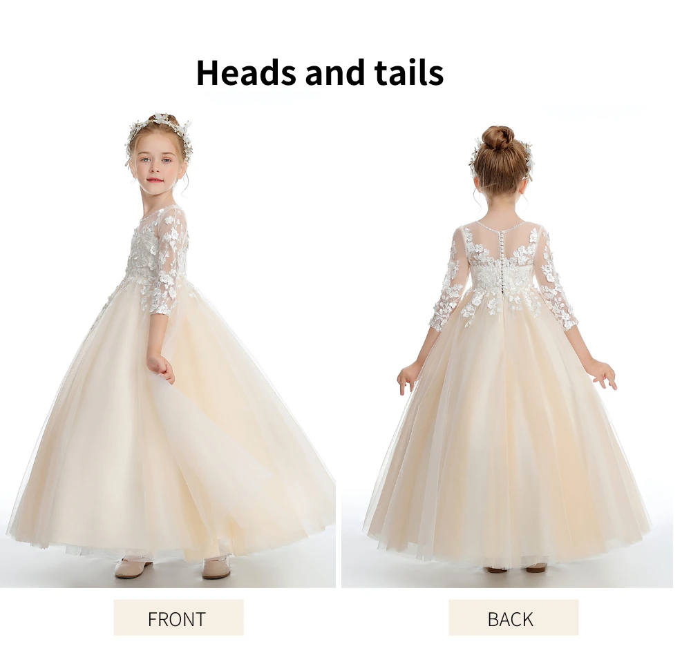Puffy Tulle Appliques Baby Ball Gown Flower Girl Dresses Long Sleeve Princess Dress Wedding Party Dress First Communion