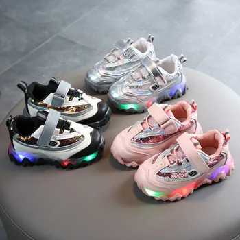 

Children's Sports Shoes Spring Autumn Lights Fashion Boys Girls Wave Bottom Non-slip Sequins Breathable Shoes LED Baby Shoes