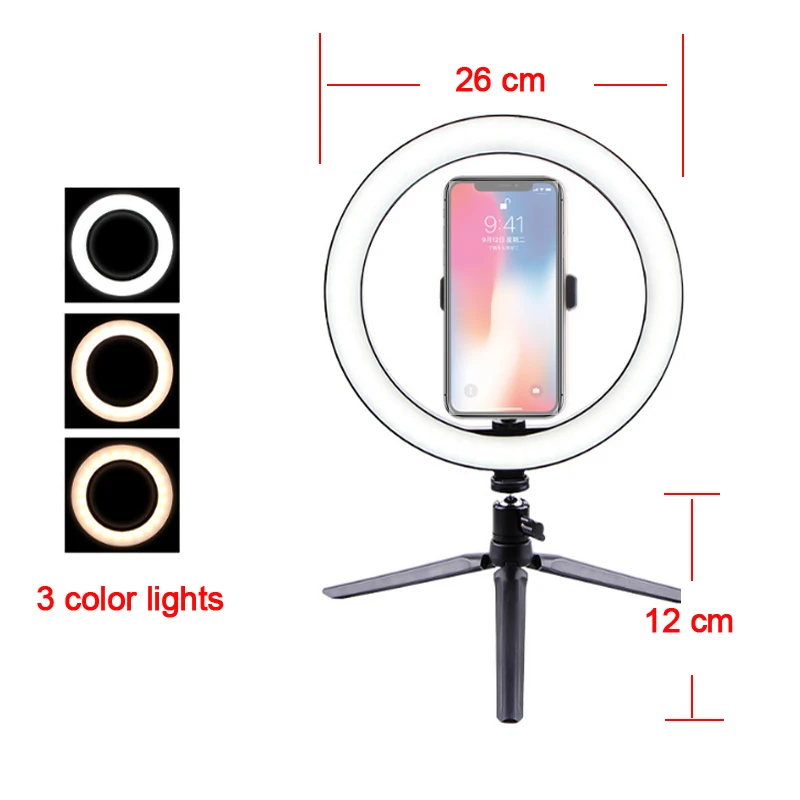 16-26cm Photography Table LED Ring Light Tripod Ring Lamp Youtube Video Live Photo Studio Selfie Stick Makeup Light For Phone - Цвет: 26cm-holder-tripod