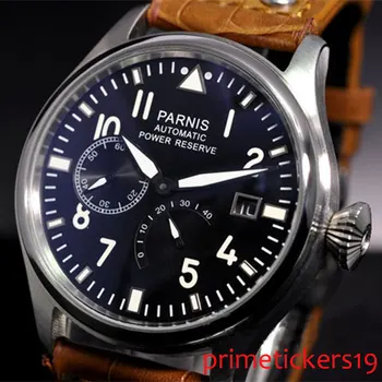 

47mm black dial power reserve automatic date window leather strap men's watch