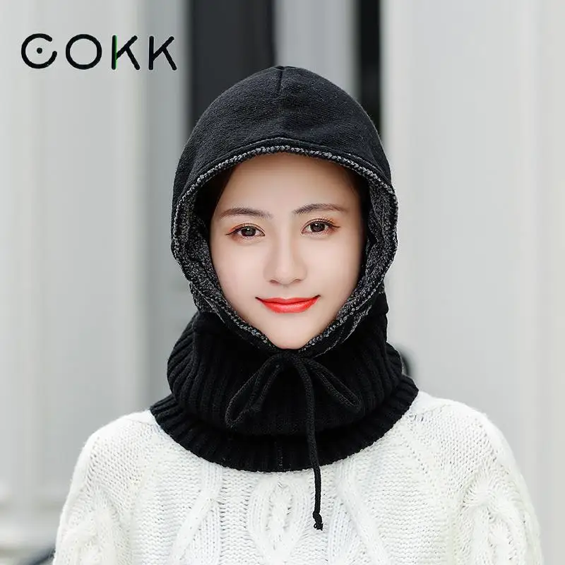 

COKK Winter Hat Female Fashion Knitted Wool Cap Ear Protect Cycling Windproof Womens Beanie Hats Bonnet Adjustable Rope Collar