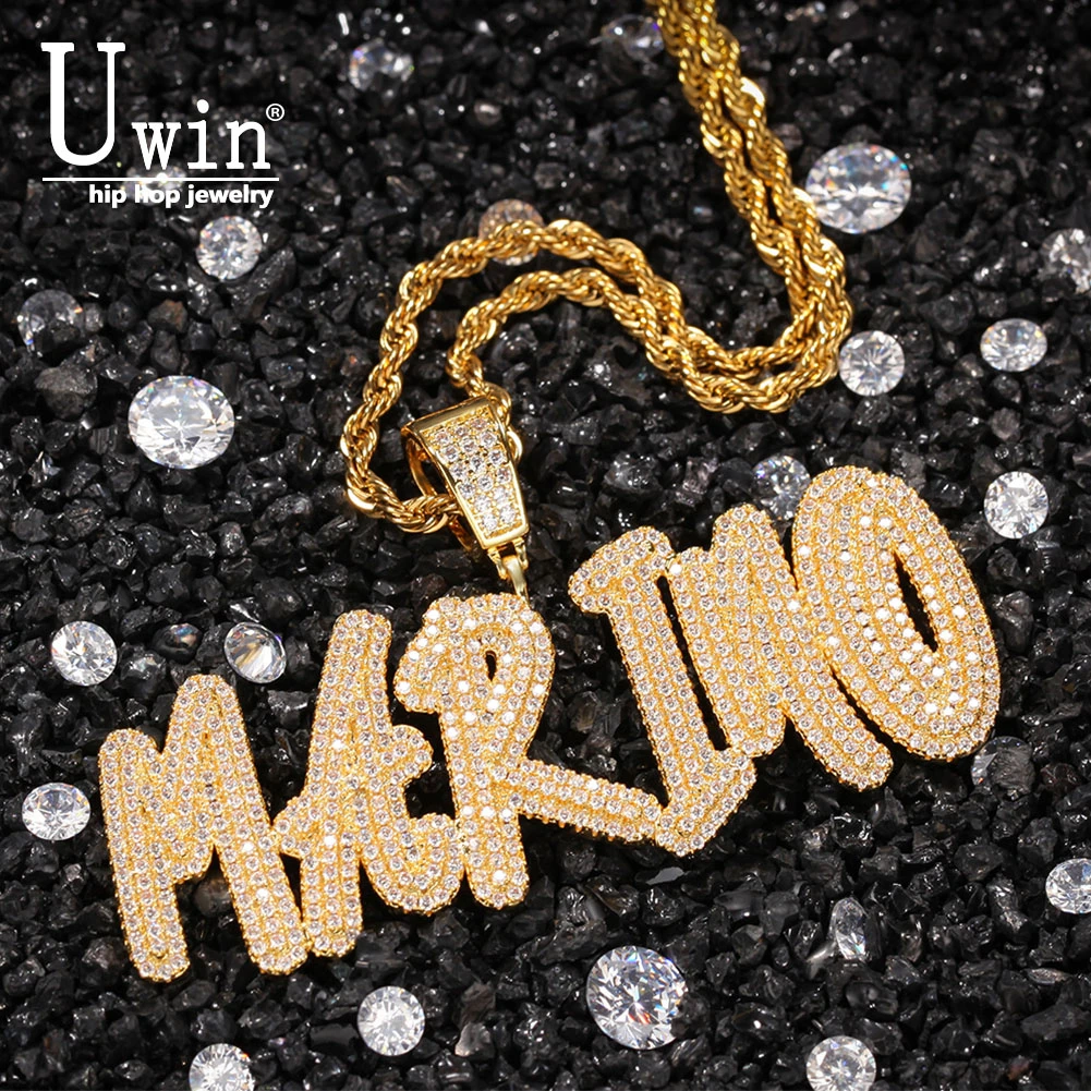 

Uwin Name Necklace Brush Custom Letters Pendant Iced Out Letters Pendant Necklace Personalised Gift Drop Shipping