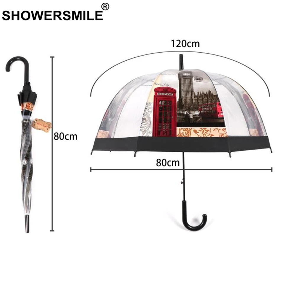 SHOWERSMILE прозрачный зонт автоматический женский клетка зонтики с длинной ручкой британская вывеска Лондонское здание дамы Apollo дождя Зонтик