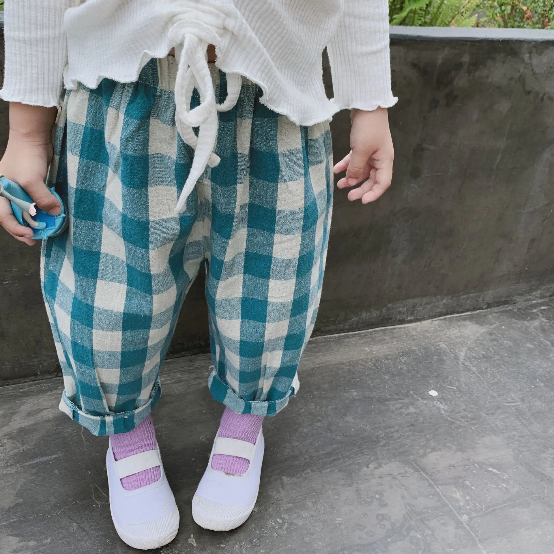 Повседневные клетчатые штаны в Корейском стиле для мальчиков хлопковые свободные брюки для маленьких девочек детские штаны - Цвет: green