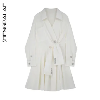 

SHENGPALAE 2020 New Summer Women Vintage Loose High Waist Slim Was Thin Elegant Turn-down Collar White Dress ZA4346