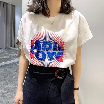 

2020 Spring and Summer New Lettered Sequin Embroidered T-shirt Versatile Short-sleeved Top