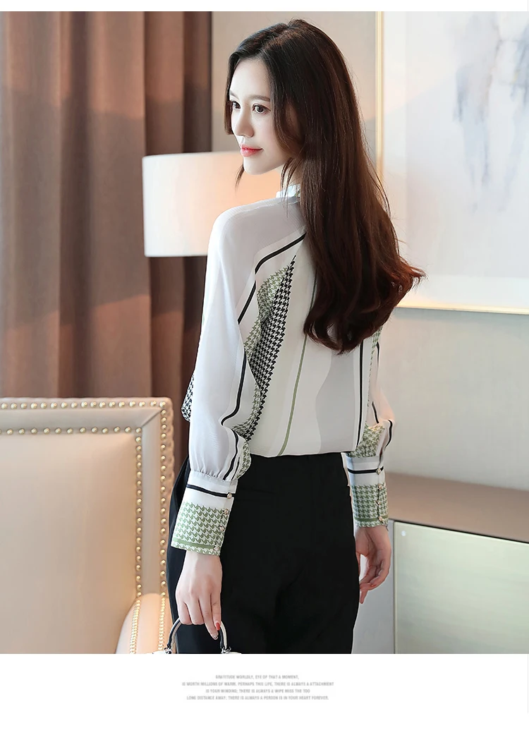Blusas Mujer De Moda, Повседневная шифоновая блуза с длинным рукавом и винтажным принтом, Женские топы с v-образным вырезом для офиса, осенние женские топы 7086 50