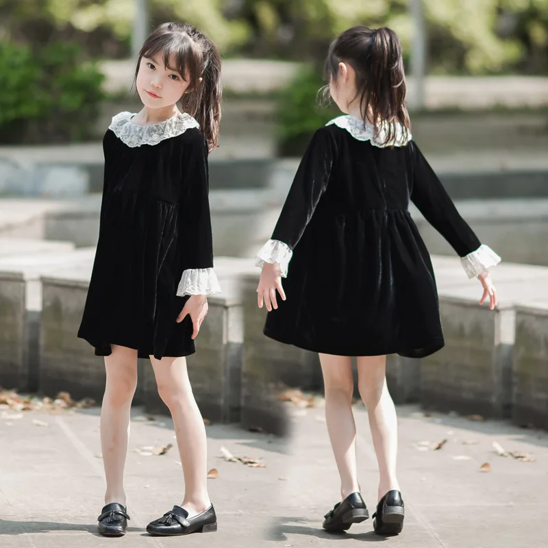 Платье для девочек; длинное черное платье в Корейском стиле для девочек-подростков; бархатные кружевные вечерние платья для девочек; элегантные Детские платья принцессы для девочек